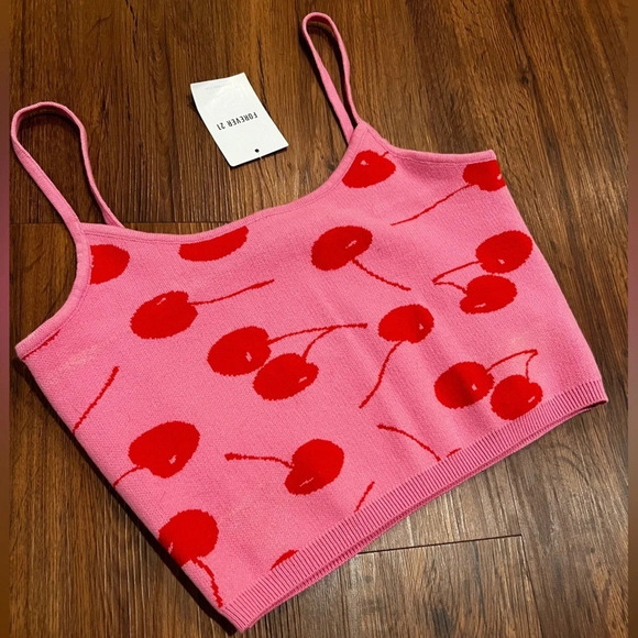Forever 21 Crop Tank Pink with Red Cherries NWT Size L - Picture 1 of 4